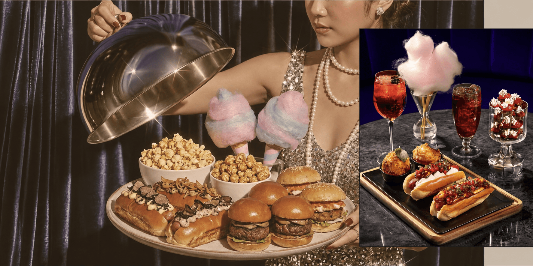 Hollywood Night — vassoio di mini burger, hot dog, popcorn e zucchero filato, con un dettaglio dei piatti e dei cocktail