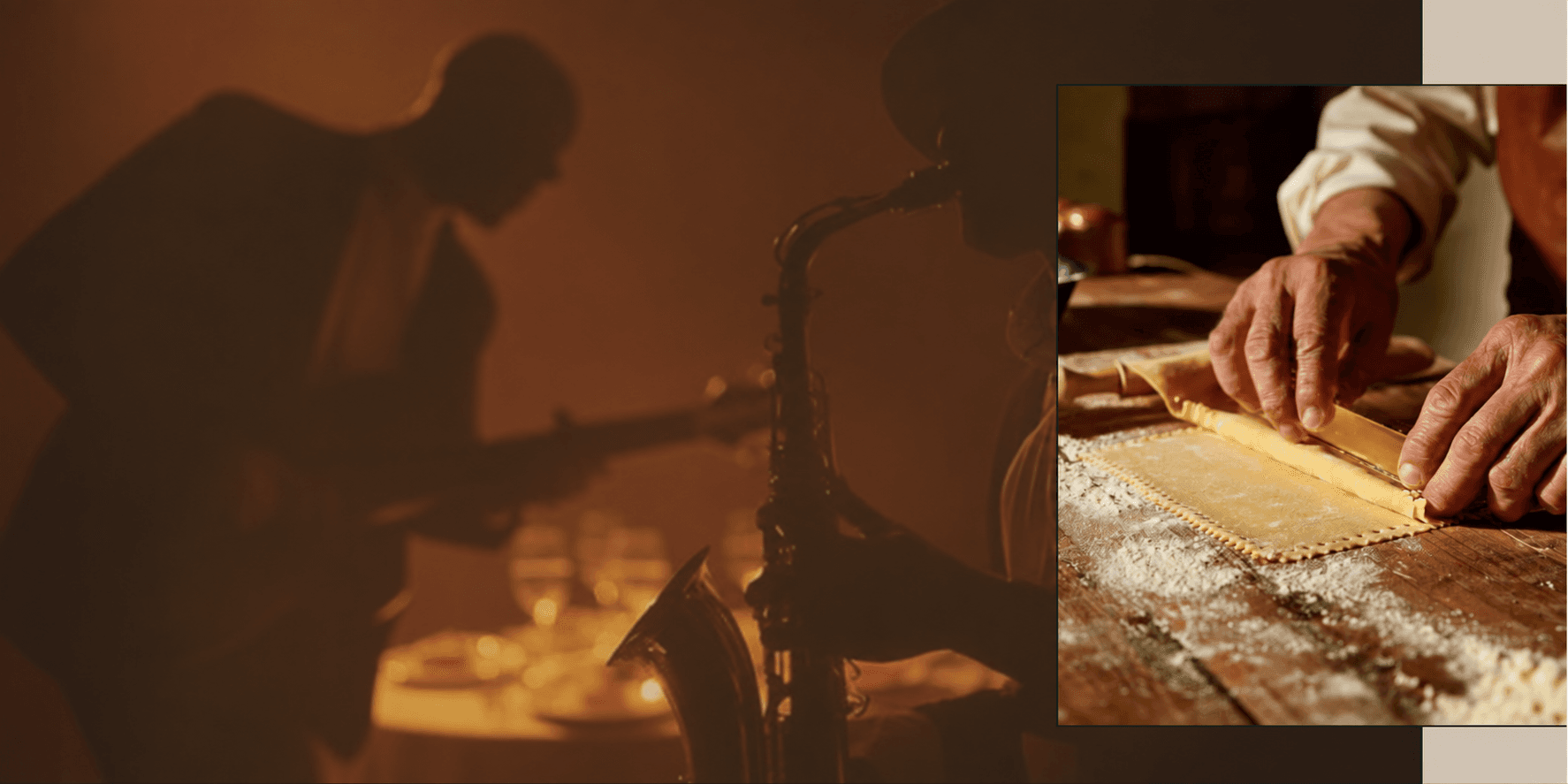 Italian Heritage — musicisti in una sala dalla luce ambrata e dettaglio delle mani che tagliano la pasta fresca