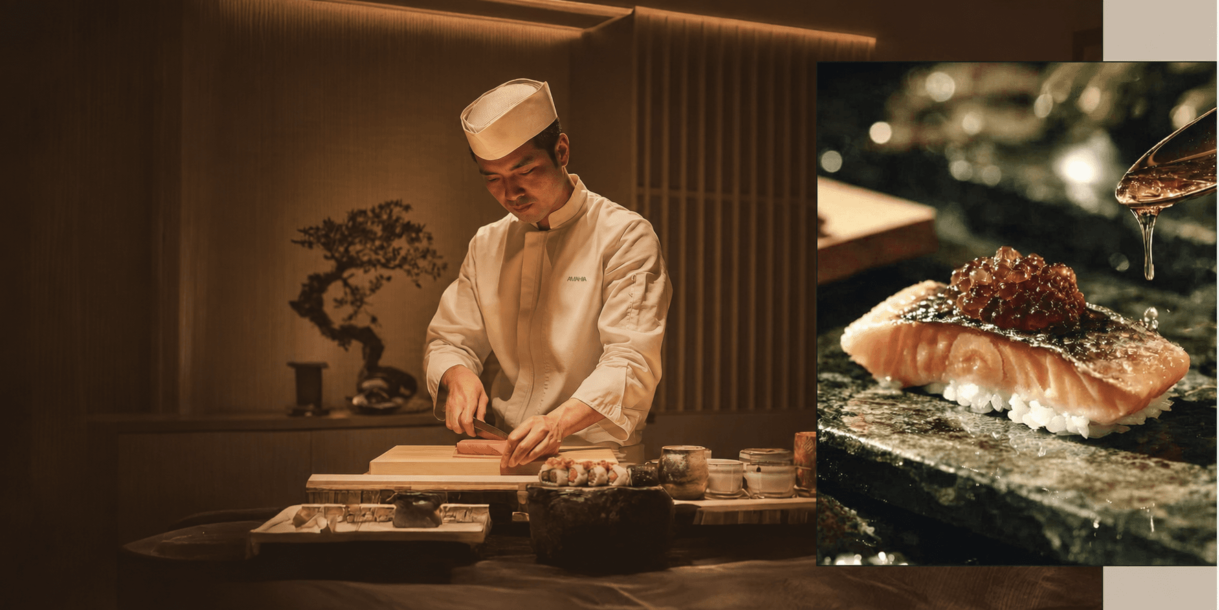 Japanese Zen — chef al banco con bonsai sullo sfondo e dettaglio di un nigiri al salmone