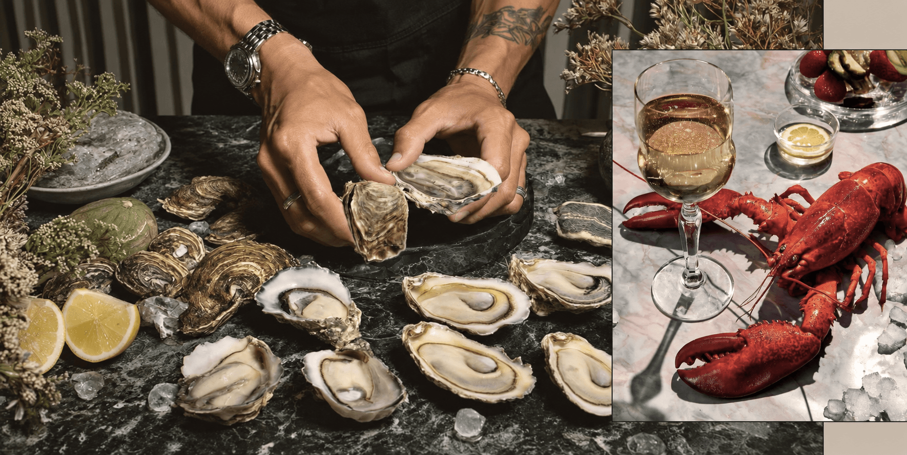 Ode to the Sea — mani che aprono ostriche sul marmo verde, con un dettaglio di astice e un calice di vino