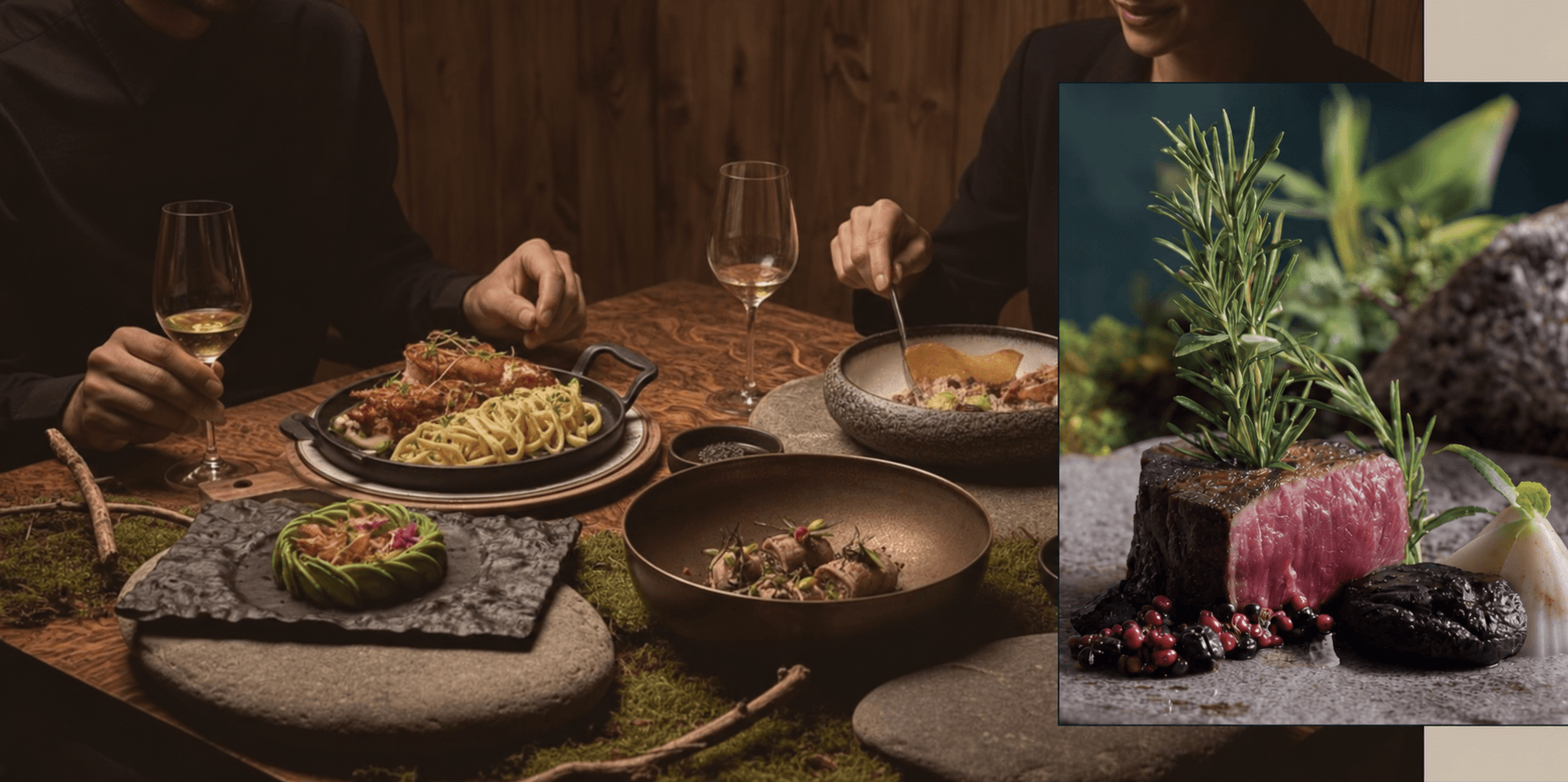 Terra Origin — ospiti a una tavola in legno con piatti di pietra e un dettaglio di carne con rosmarino e verdure
