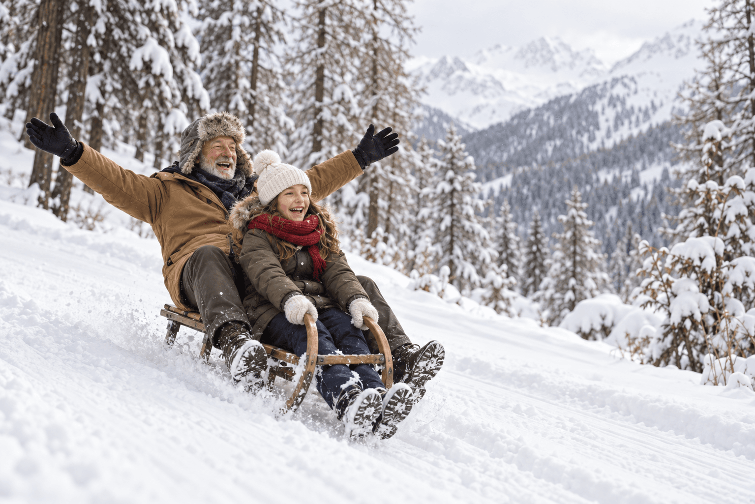 Un uomo e una bambina su una slitta di legno tra gli alberi innevati, con le montagne sullo sfondo