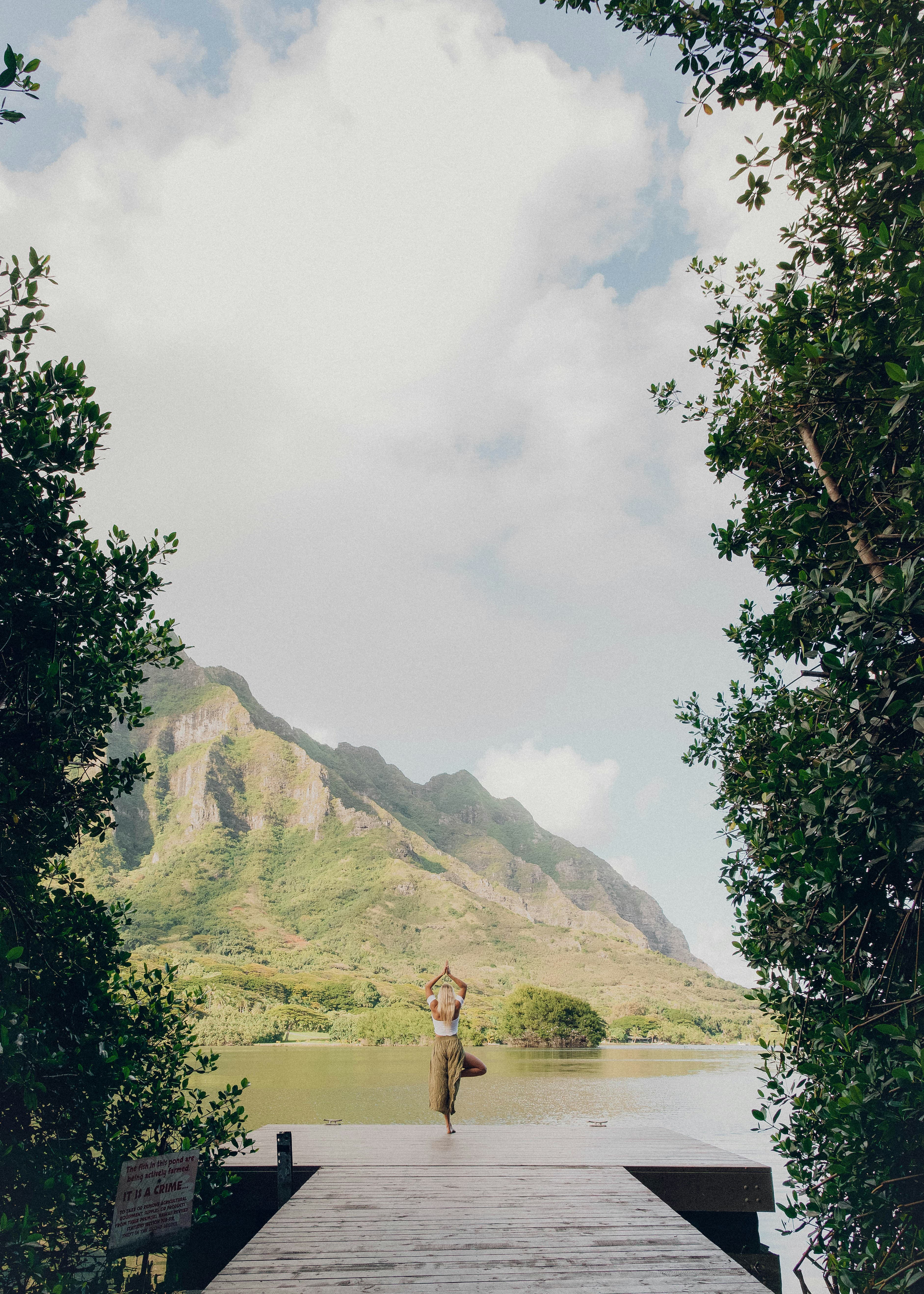 Una persona pratica yoga su un pontile affacciato sull’acqua, tra alberi e montagne.