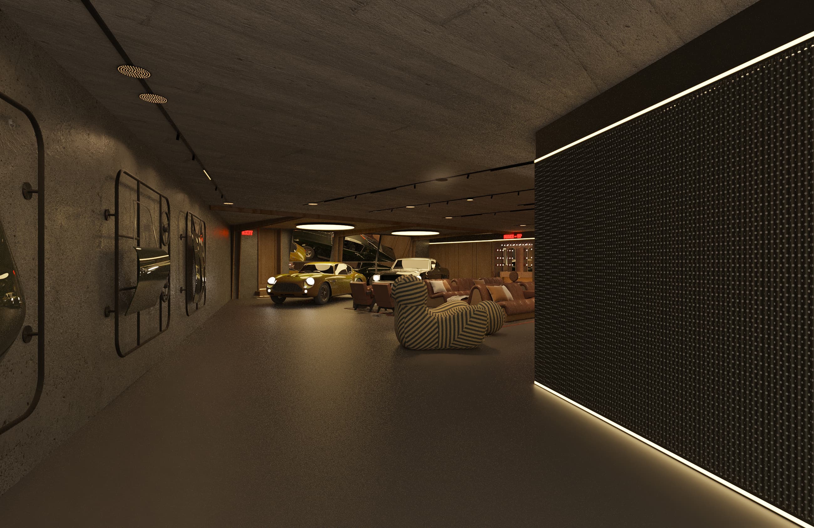 Il garage lounge di Chesa Luce, con automobili d’epoca e poltrone nella luce calda
