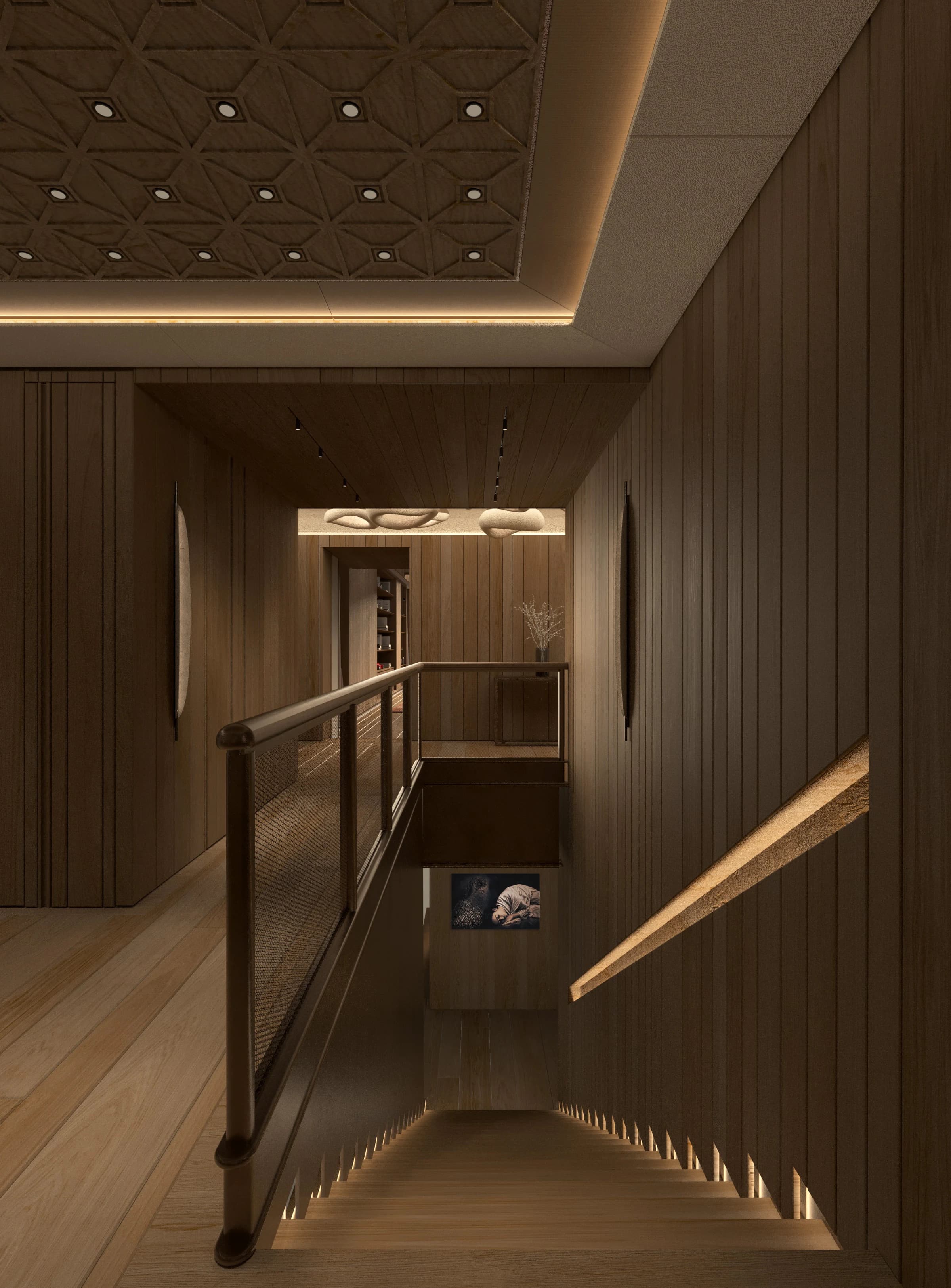 Scala rivestita in legno scuro, con corrimano e illuminazione integrata lungo i gradini e il soffitto.