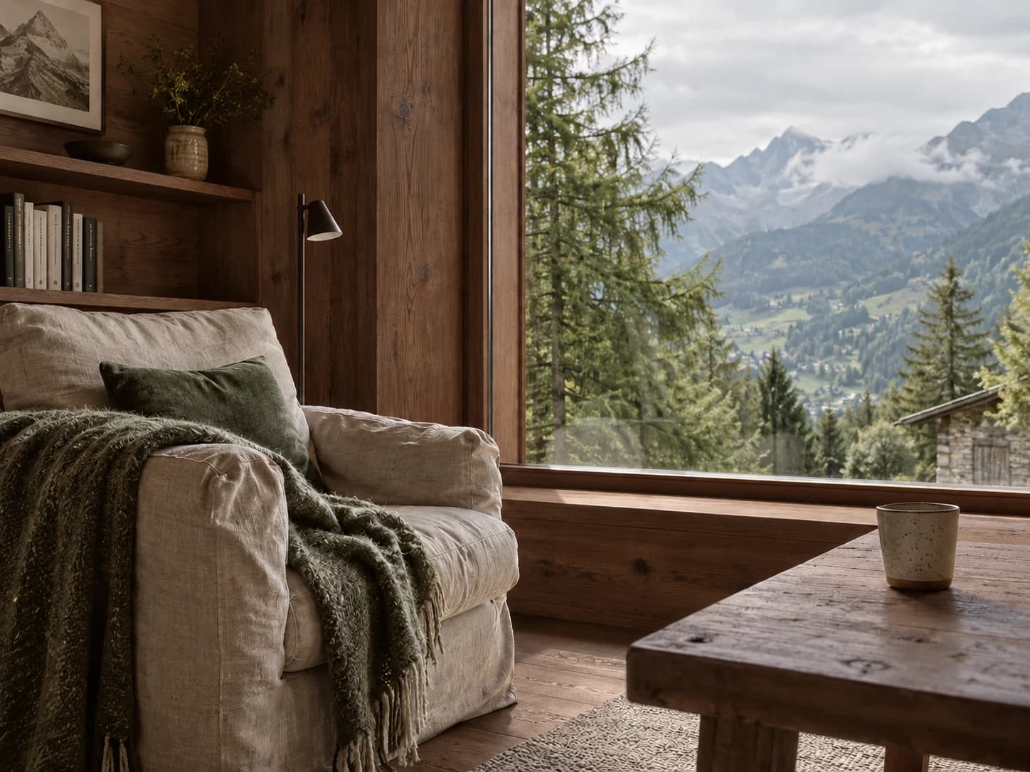 Interno alpino in legno scuro, poltrona in lino chiaro e una grande finestra affacciata sulla valle.